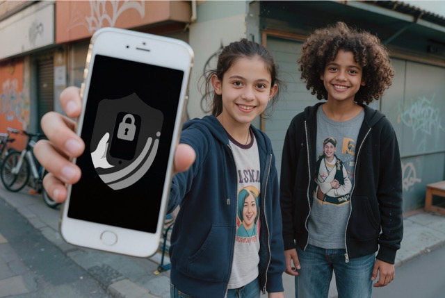 Deux enfants souriants, l'un montrant le bouclier Shelkid sur un smartphone